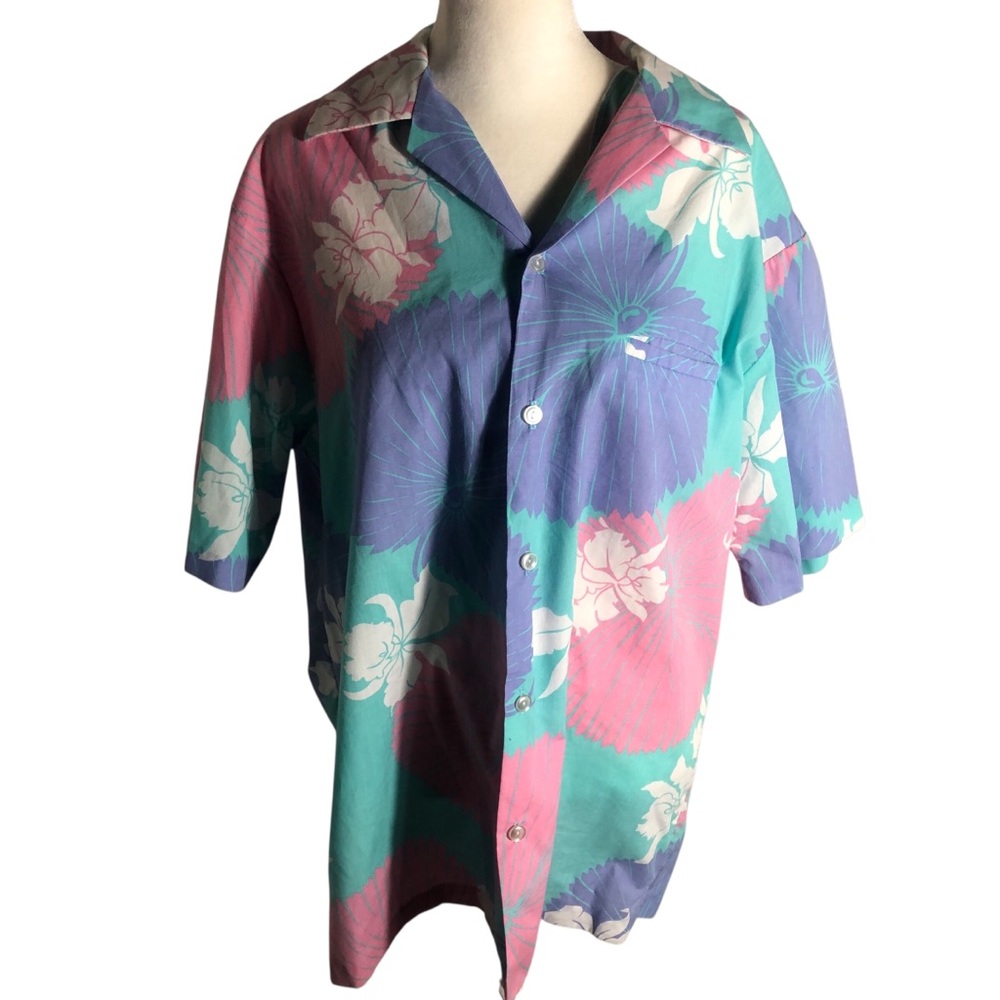 Vintage Hilo Hattie pastel Hawaiian print button front shirt Sz Large